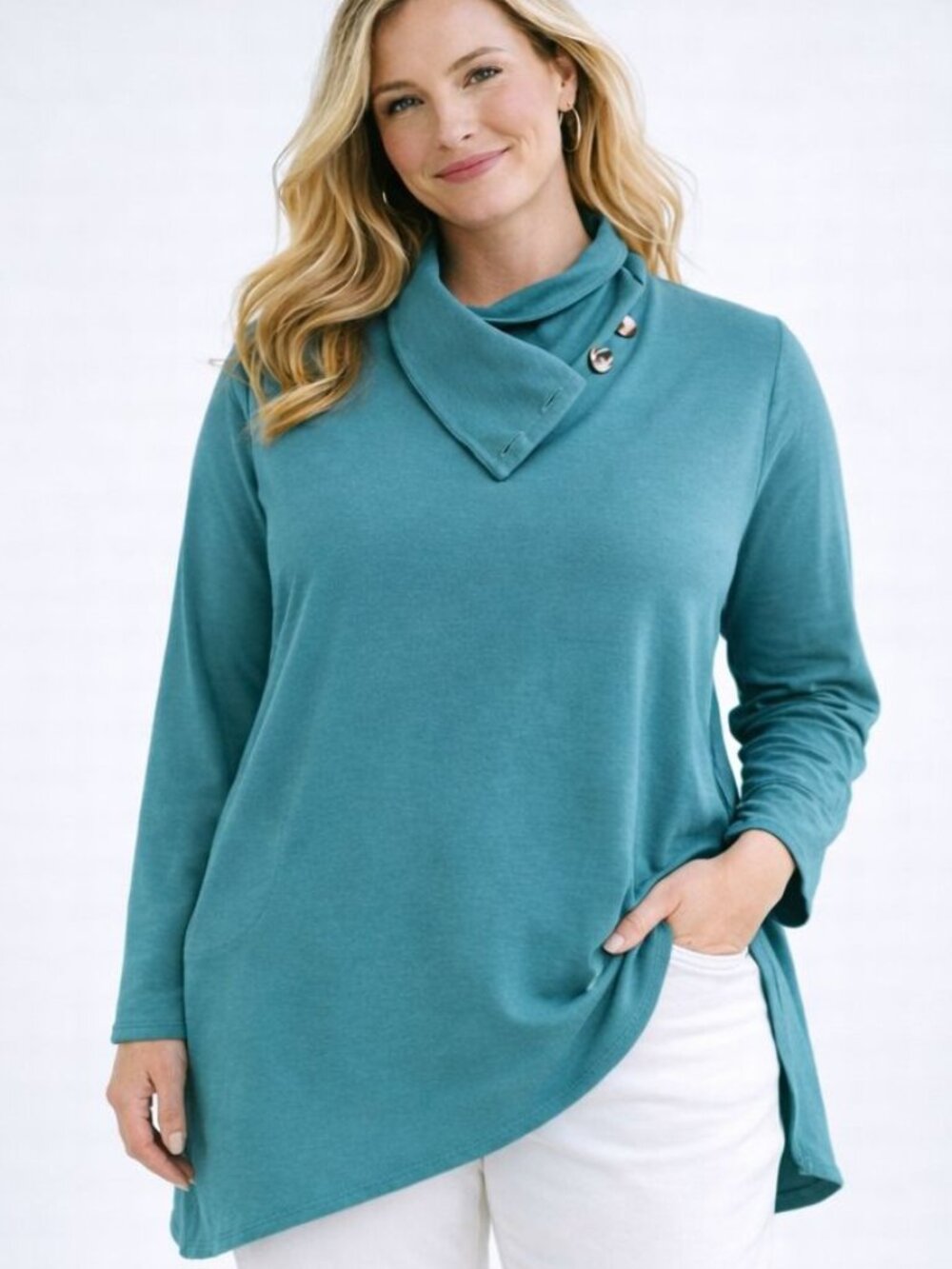 J. Jill | Pure Jill Womens Size L Tall Teal Tunic Top Asymmetrical Button Neck